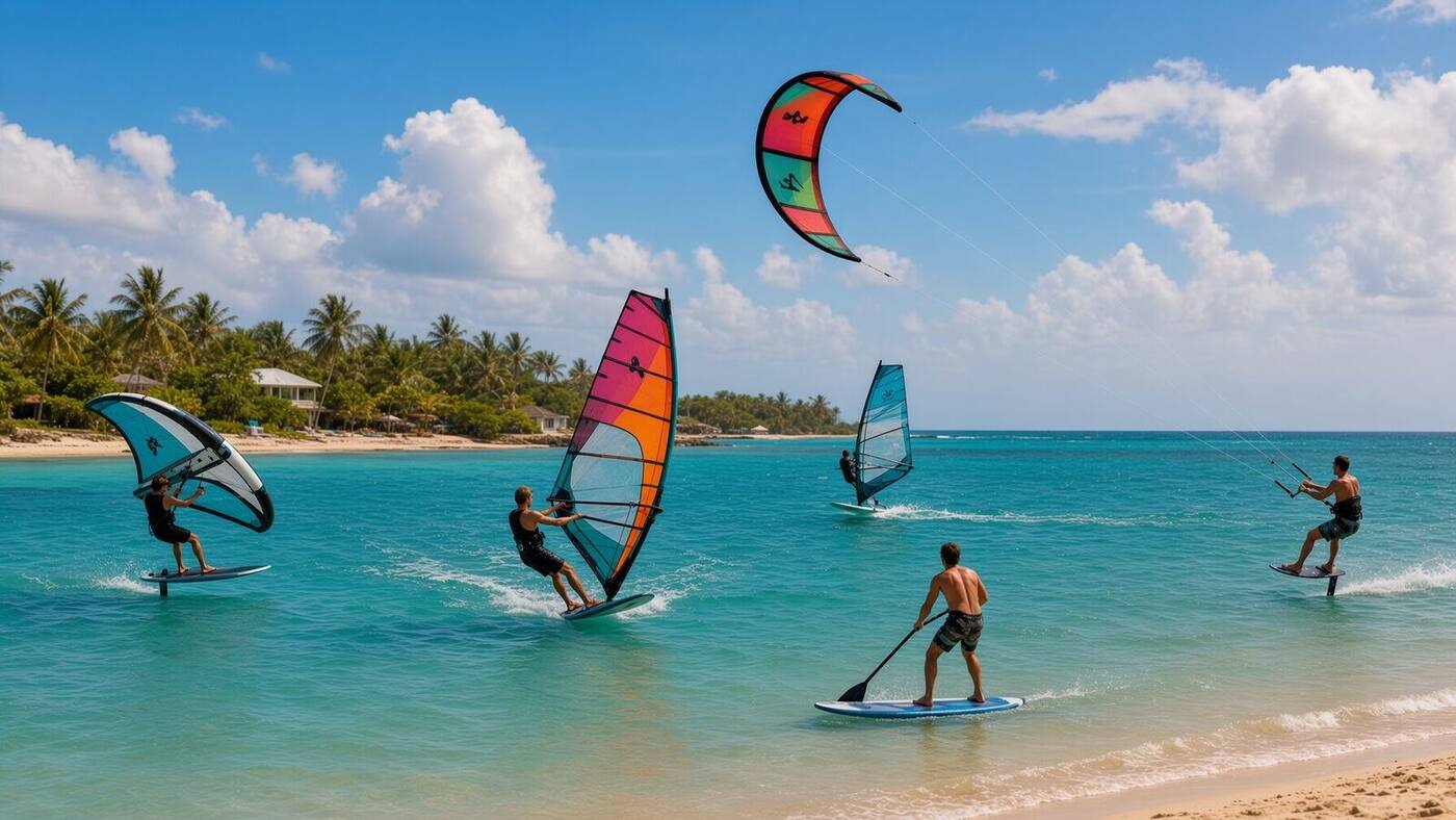 Kiteboarding, wing foil, windsurf, SUP and foil on Cabarete bay