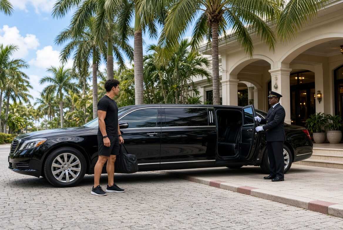 Full stretch limousine — athletic guest with gym bag, hotel staff opening the door