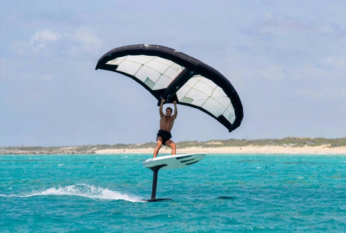 Wing foil with visible hydrofoil fin flying above the water