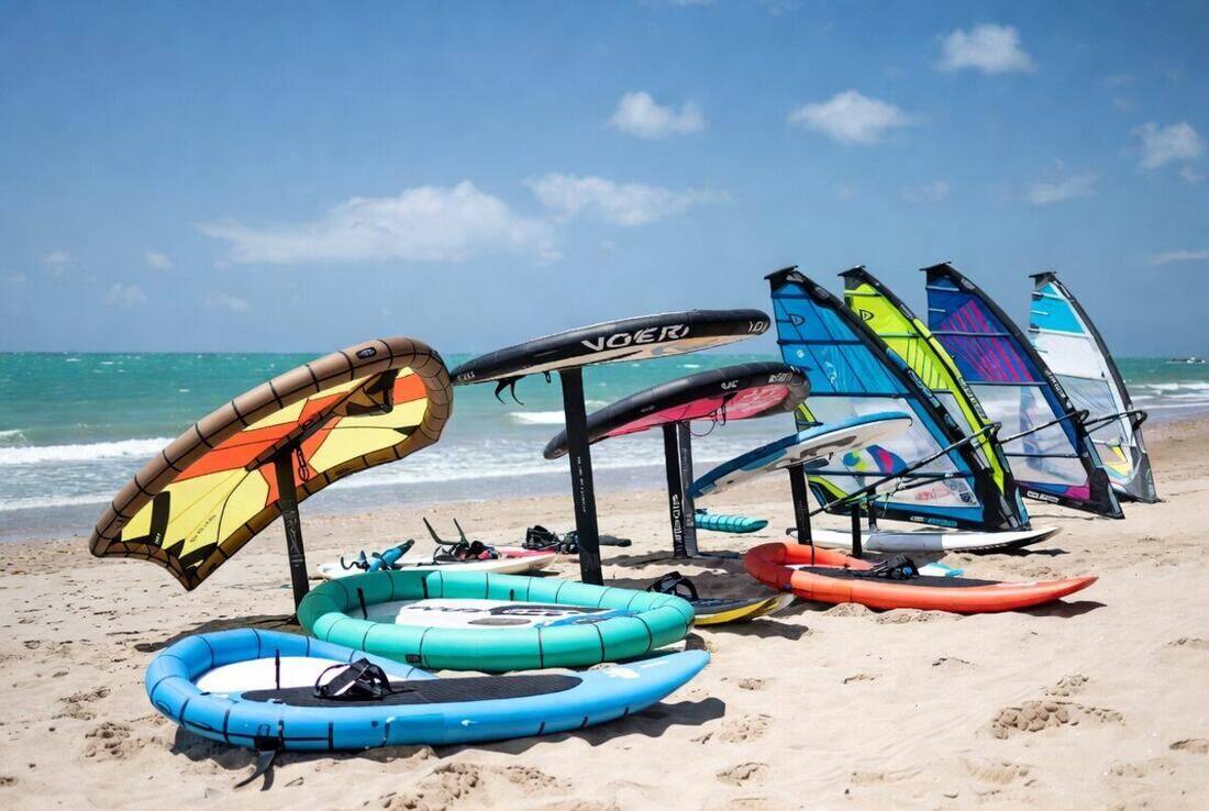 Wing foil and windsurf gear on Cabarete beach